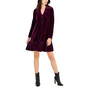 Women's V-Neck Long-Sleeve Trapeze Velvet Dress